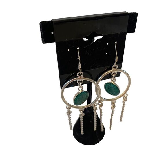 Funky Boho Circle Drop Earrings in Matte Silver & Green. - Picture 2 of 6